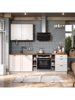 Cozinha completa composta por 4 módulos e uma prateleira na cor branco lavado com honey / coleção Alma